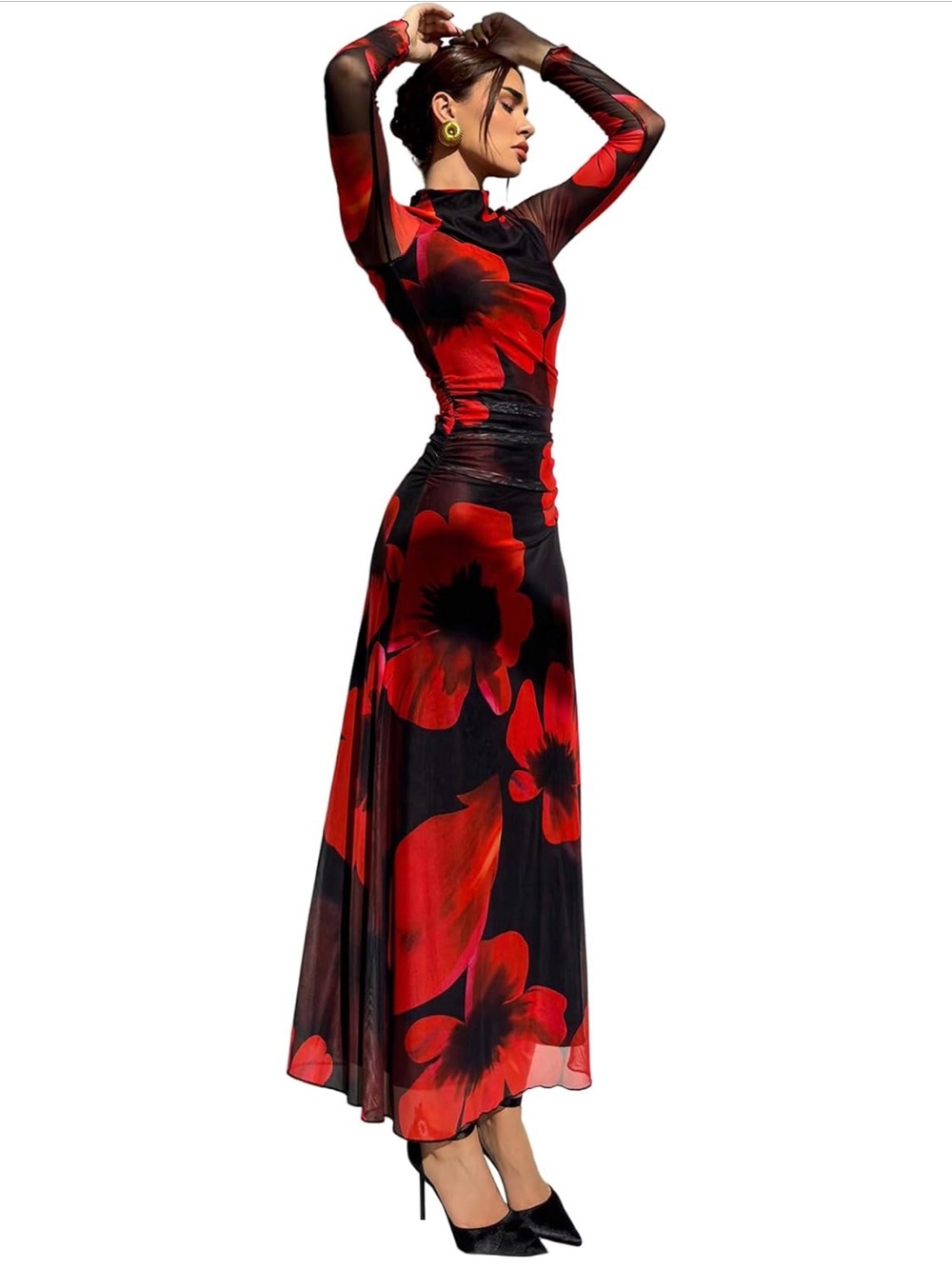 Red Floral Long Sleeve Maxi Dress - Sleek High-Neck Silhouette